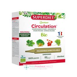 Extraits de Plantes SuperDiet Quatuor (Marronnier d'Inde / Hamamélis Vigne Rouge / Ginkgo Biloba) BIO Circulation 20 unidoses