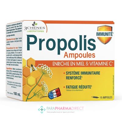 Nutrition / Sport 3 Chênes Propolis Ampoules - Système Immunitaire Renforcé & Fatigue Réduite - 10 Ampoules : Forme / Fatigue pour Compléments Alimentaires