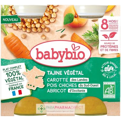 Bébé / Grossesse Babybio Petits Pots Midi Végétarien Tajine Végétal - 8 Mois et + - Carotte, Pois Chiches, Abricot 2x200g