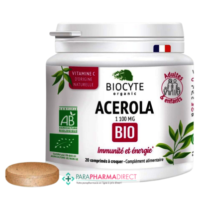 Nutrition / Sport Biocyte Acerola 1100mg BIO - Immunité et Énergie - Arôme Fruits Rouges - 20 comprimés à croquer : Forme / Fatigue pour Compléments Alimentaires