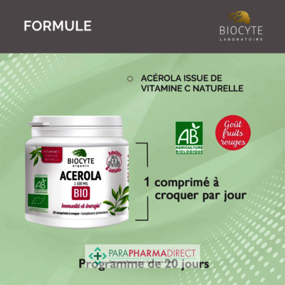 Nutrition / Sport Biocyte Acerola 1100mg BIO - Immunité et Énergie - Arôme Fruits Rouges - 20 comprimés à croquer : Forme / Fatigue pour Compléments Alimentaires