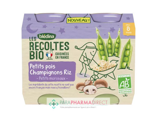 Bébé / Grossesse Blédina Les Récoltes BIO Dès 8 mois - Petits Pots du Soir - Petits Pois Champignons Riz 2x200g