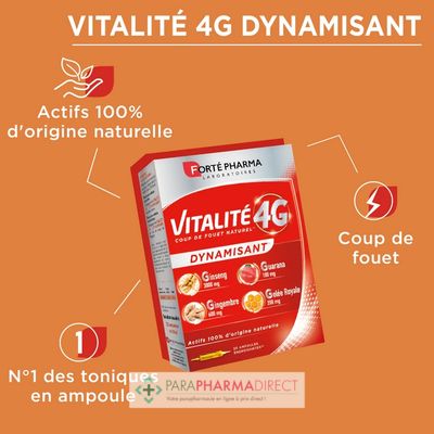 Nutrition / Sport Forté Pharma Vitalité 4G Dynamisant 20 Ampoules de 10ml : Forme / Fatigue pour Compléments Alimentaires