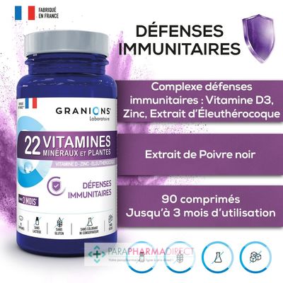 Nutrition / Sport Granions 22 Vitamines, Minéraux & Plantes - Défenses Immunitaires 90 comprimés