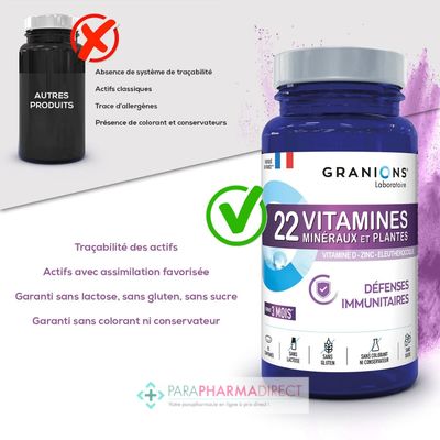 Nutrition / Sport Granions 22 Vitamines, Minéraux & Plantes - Défenses Immunitaires 90 comprimés