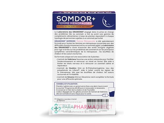 Nutrition / Sport Granions Somdor+ Femme Ménopausée Bouffées de Chaleur et Sueurs Nocturnes 28 gélules