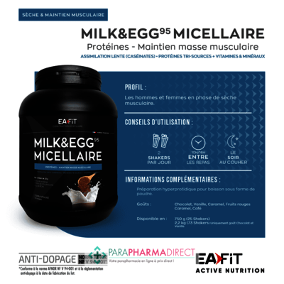 Nutrition / Sport Eafit Milk & Egg 95 Micellaire Saveur - Protéines • Maintien Masse Musculaire Saveur Chocolat 750 g