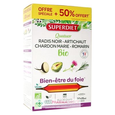 Nutrition / Sport SuperDiet Quatuor BIO Bien-Etre du Foie 20 + 10 ampoules OFFERTES (Offre Spéciale)