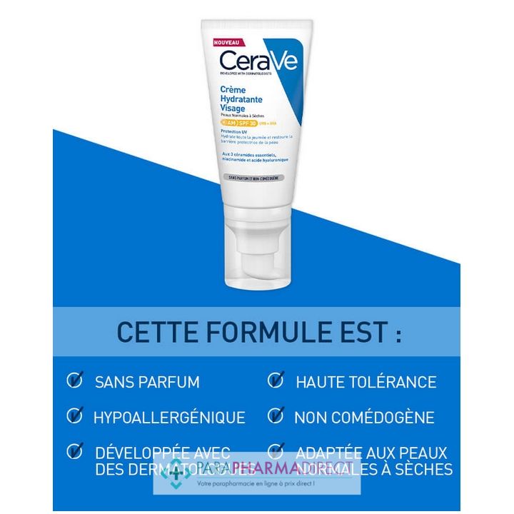 Cerave Crème Hydratante Visage SPF30 - Peaux Normales à Sèches