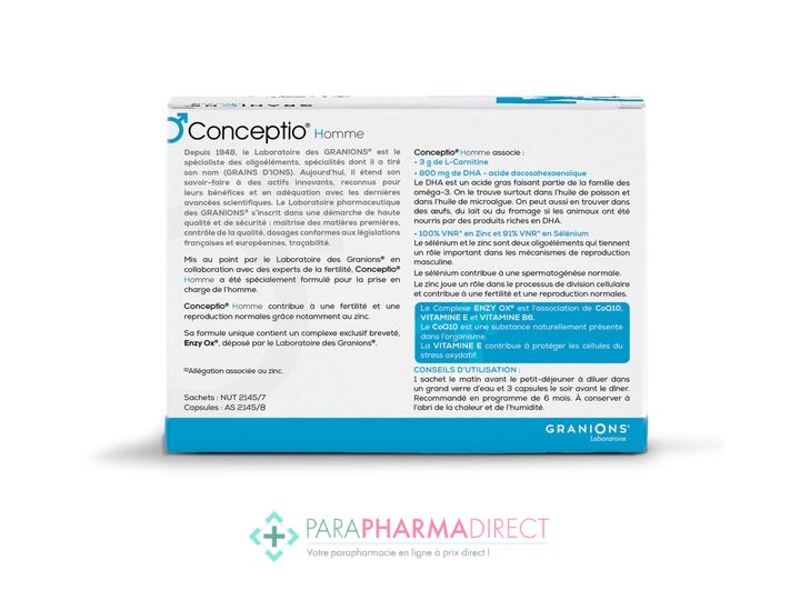 GRANIONS, Conceptio Homme, Contribue à la fertilité Masculine, Complexe  Breveté enzy Ox (Coenzyme Q10, Vitamine E), L-Carnitine, Dha, Oligoélément, Marque Française