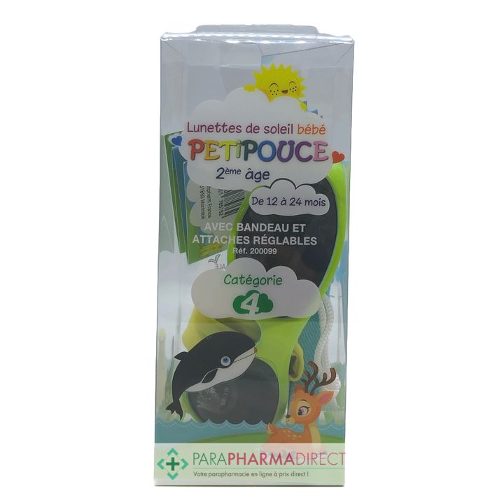 Estipharm PETIPOUCE Lunettes de Soleil Bebe 2eme age 12 24 mois Categorie 4 Couleur Vert Bandeau et Attaches Reglables Paraphamadirect
