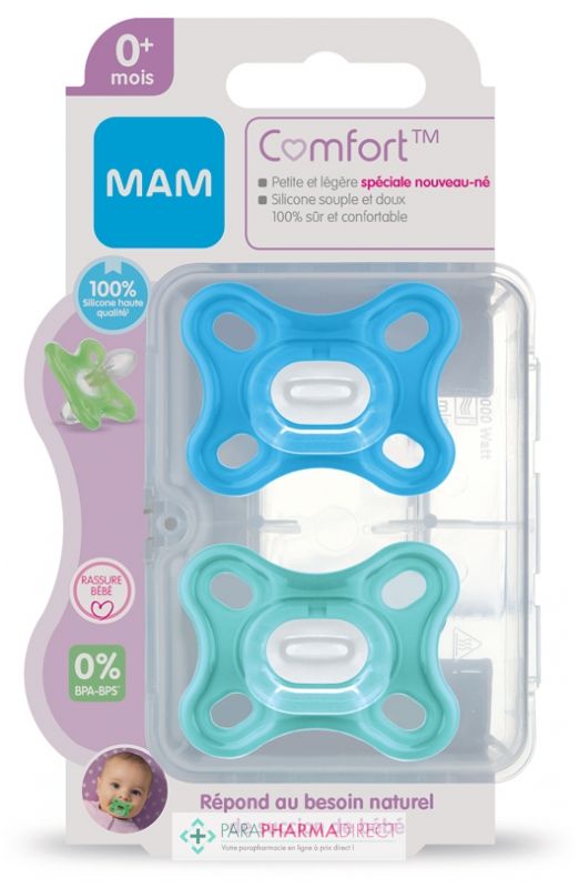 MAM Comfort Lot de 2 tétines 0-2 mois – Ensemble de sucettes pour les  prématurés et les nouveau-nés – Tétines 100% silicone MAM SkinSoft avec  boîte à