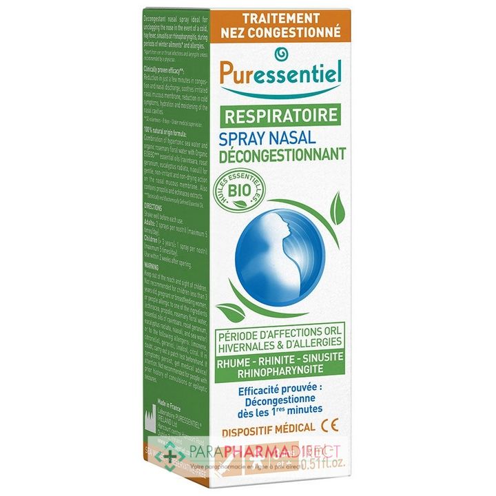 Puressentiel Respiratoire Spray Nasal Hypertonique Bio 15 ml