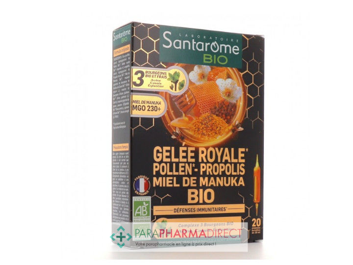 Santarôme BIO Gelée Royale Pollen Propolis Miel de Manuka BIO Défenses  Immunitaires 20 ampoules de 10ml