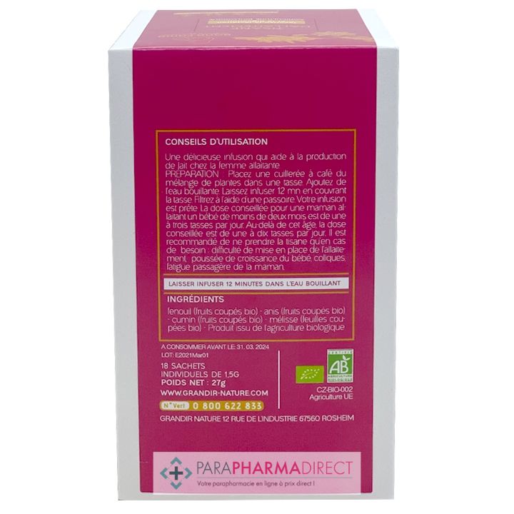 Bona Fama Tisane d'Allaitement - Favorise la Lactation & la Digestion - BIO  18 Sachets (ancien Grandir Nature)