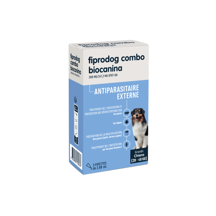 Fiprodog combo 268 mg/241,2 mg antiparasitaire externe grands chiens (20-40kg) Biocanina - boîte de 3 pipettes de 2,68ml