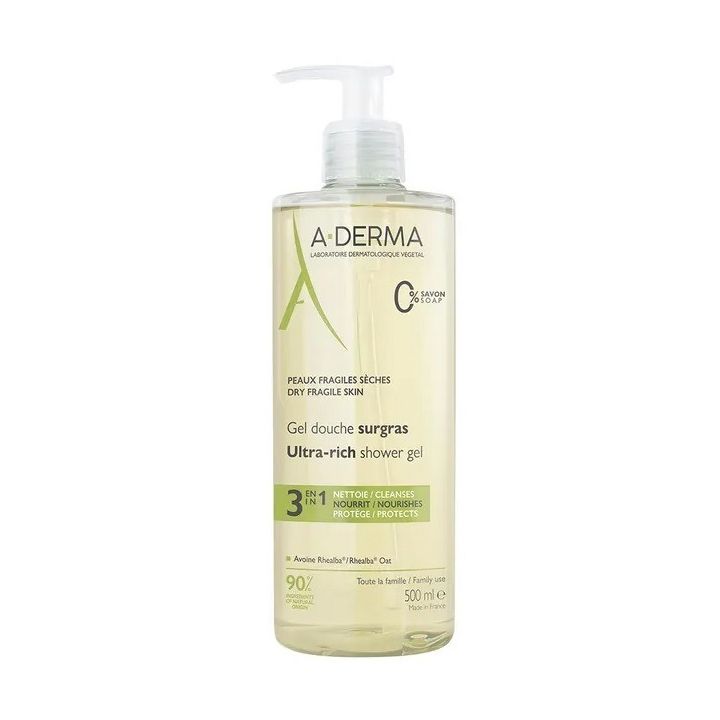 Gel douche surgras A-Derma - flacon-pompe de 500ml