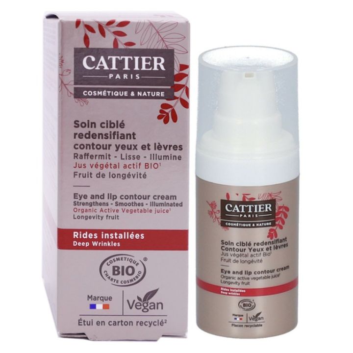Soin ciblé redensifiant contour yeux et lèvres Cattier - flacon-pompe de 15ml