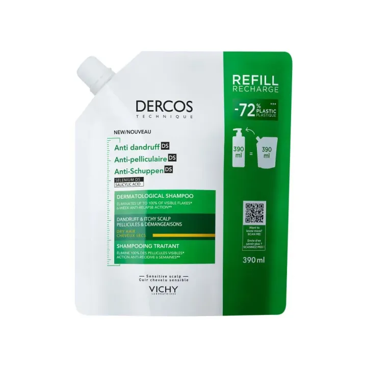Dercos shampooing anti-pelliculaire cheveux secs Vichy - éco-recharge de 390ml