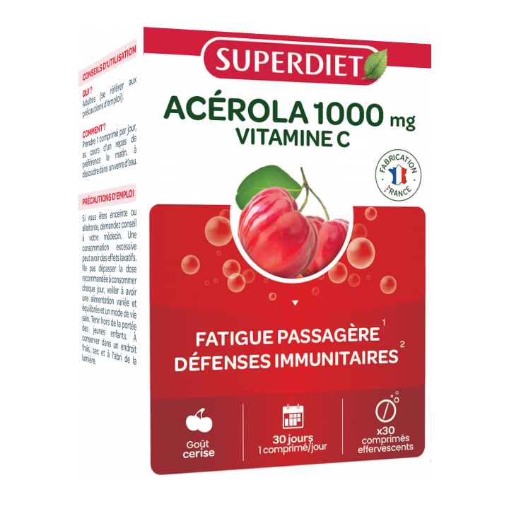 Acérola 1000mg + vitamine C Superdiet - boîte de 30 comprimés effervescents
