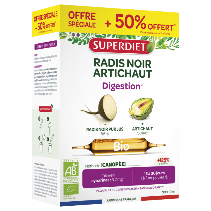 Radis noir / Artichaut bio Super Diet - boîte de 30 ampoules de 15 ml offre spéciale +50% offert