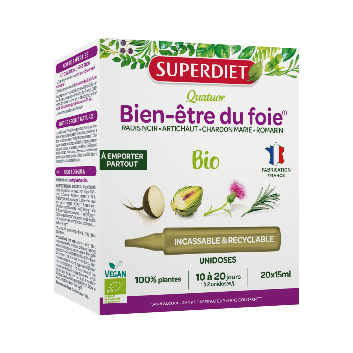 Quatuor Bien-être du foie bio Superdiet - boîte de 20 unidoses de 15ml