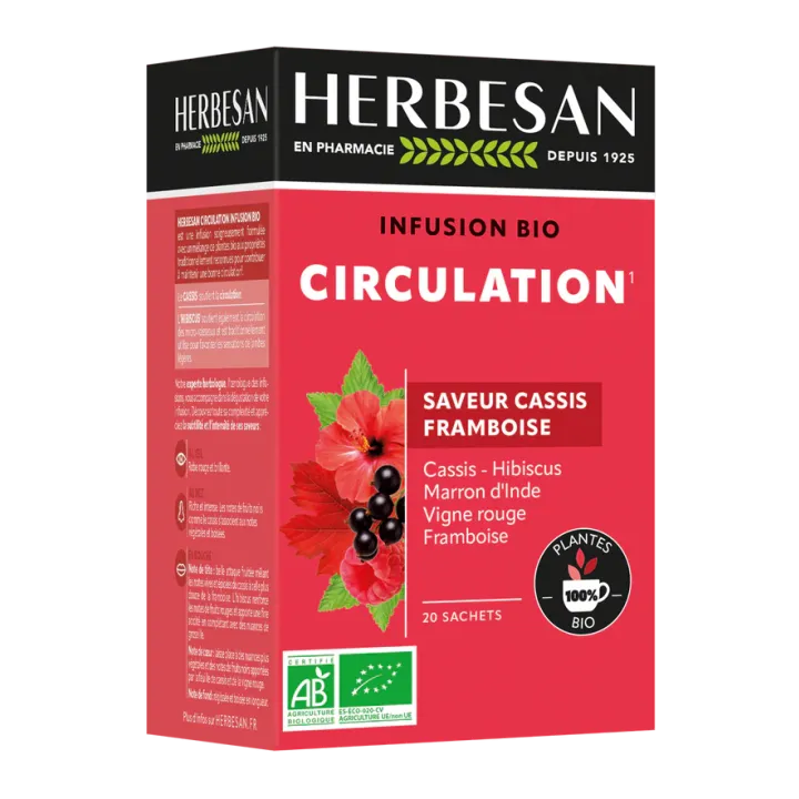 Infusion bio Circulation saveur cassis framboise Herbesan - boite de 20 sachets