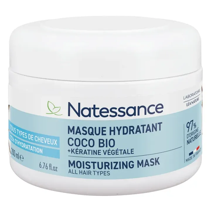 Masque capillaire hydratant coco bio et kératine végétale Natessance - pot de 200ml