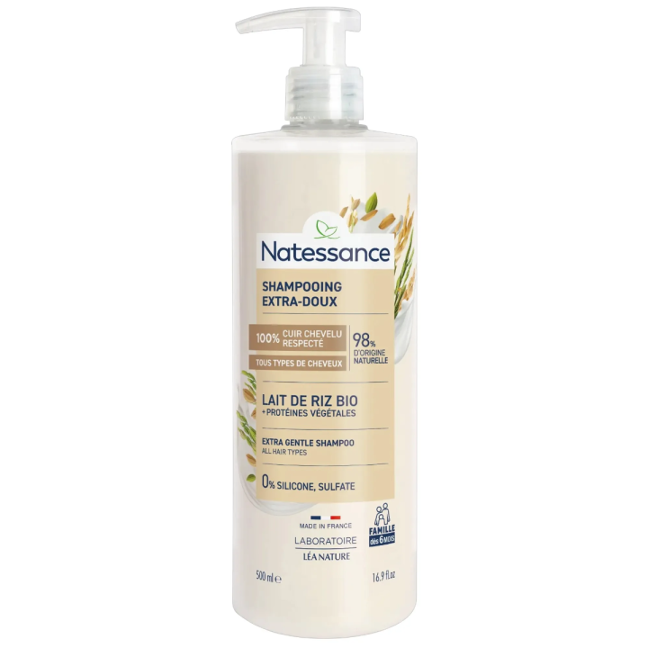 Shampooing extra-doux lait de riz bio Natessance - flacon pompe de 500ml
