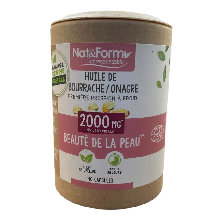 Huile de bourrache/onagre Beauté de la peau Nat&Form - pot de 90 capsules