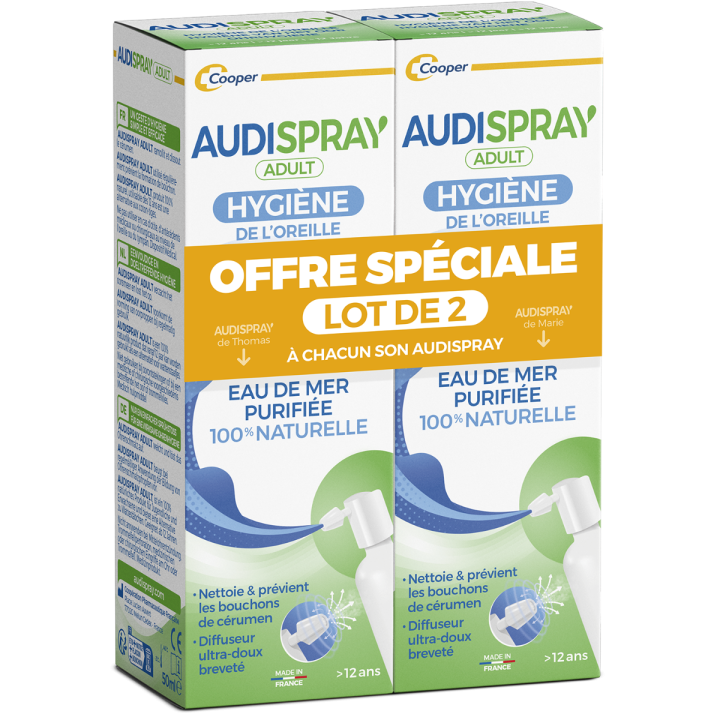 Audispray adultes hygiène de l'oreille - lot de 2 sprays auriculaires de 50 ml
