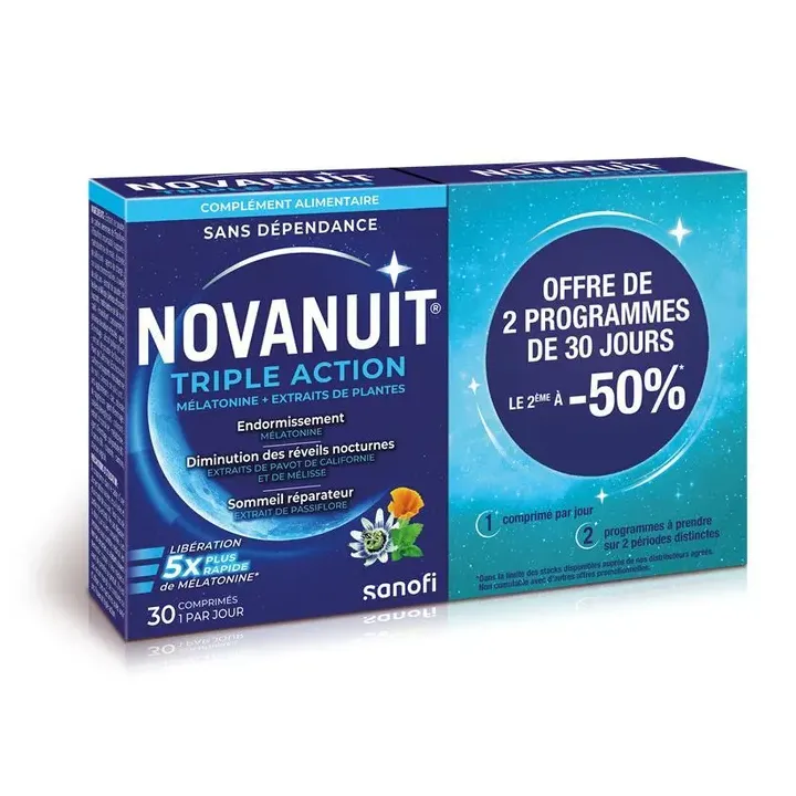 Novanuit triple action Sanofi - lot de 2 boîtes de 30 comprimés offre spéciale