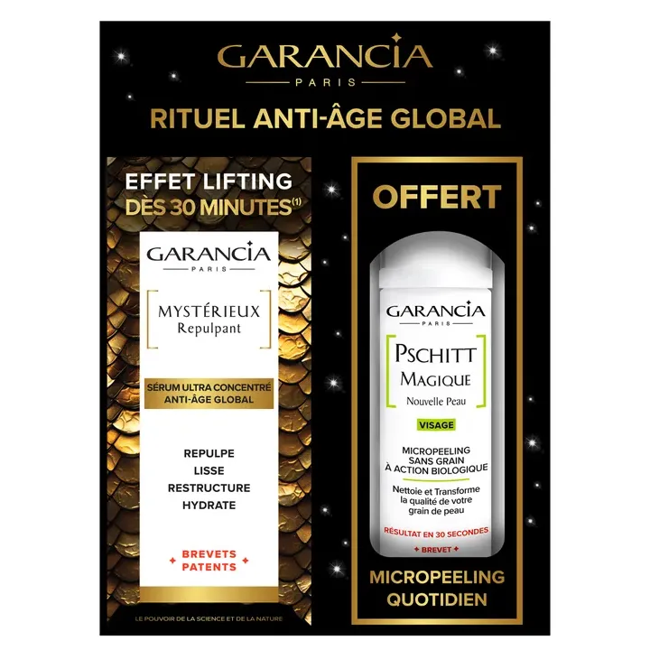 Rituel anti-âge global Mystérieux Repulpant + Pschitt magique visage offert Garancia - 2 flacons-pompe de 30ml