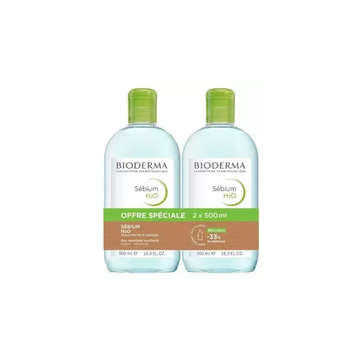 Sébium H2O Eau micellairebpurifiante Bioderma - 2 flacons de 500ml