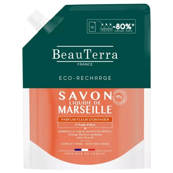 Savon liquide de marseille parfum fleur d'oranger Beauterra - eco-recharge de 900ml
