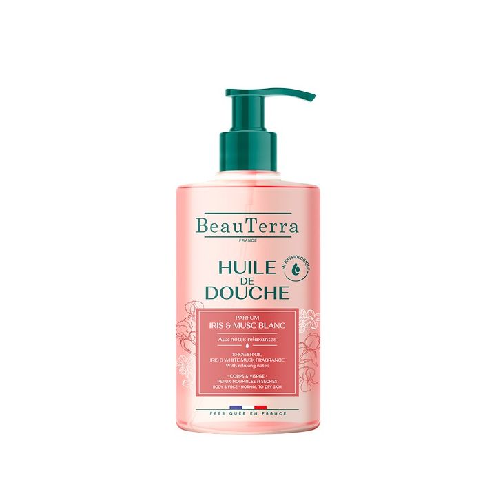 Huile de douche parfum Iris & Musc Blanc Beauterra - flacon-pompe de 750ml