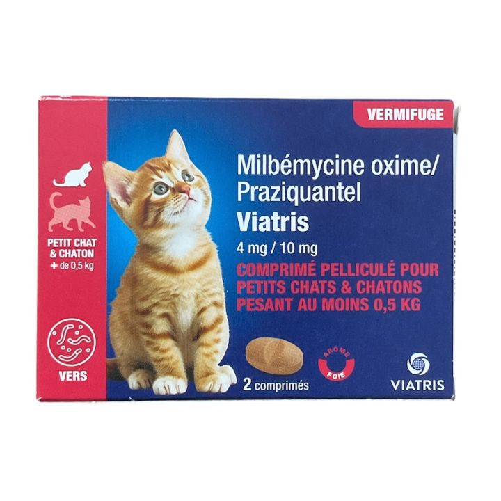 Milbémycine Praziquantel Vermifuge petit chat et chaton +0,5kg arôme foie Viatris - boite de 2 comprimés