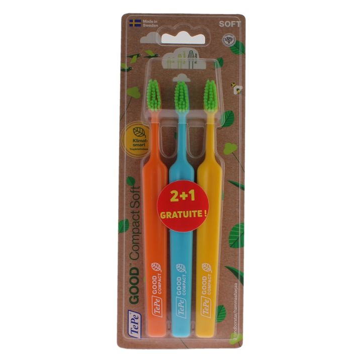 Brosse à dents Good compact soft TePe - pack de 2 brosses à dents + 1 gratuite