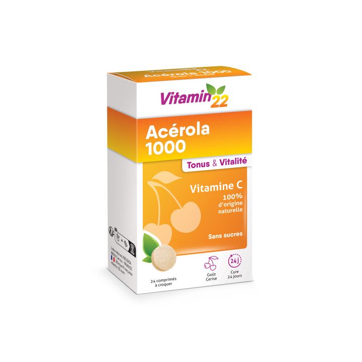 Vitamin 22 Acérola 1000 goût cerise Ineldea - boite de 64 comprimés à croquer