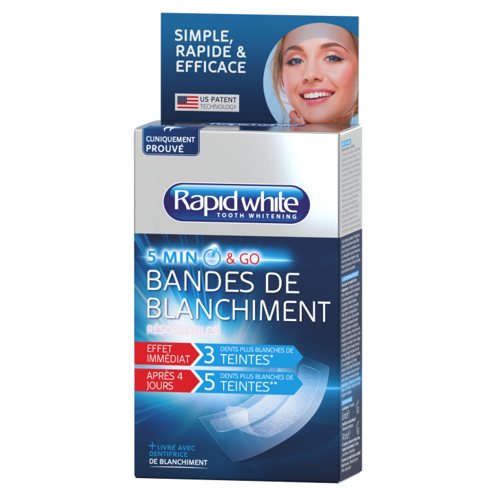 Bandes de blanchiment express Rapid white - 8 sachets de 2 bandes + 1 accélerateur + 1 dentifrice