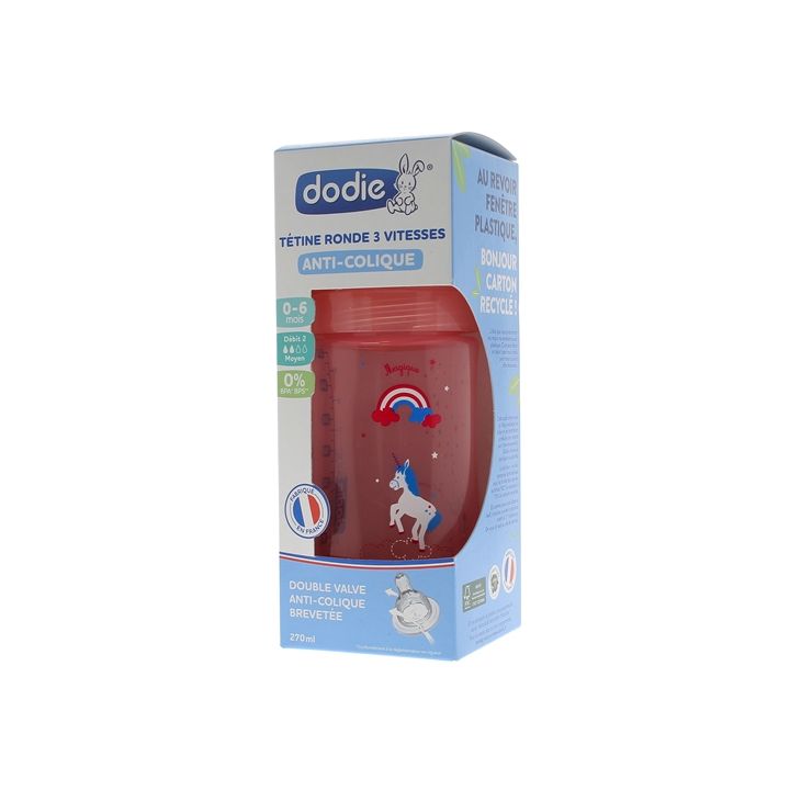 Biberon Initiation+ tétine ronde 3 vitesses rose licorne Dodie - biberon de 270ml