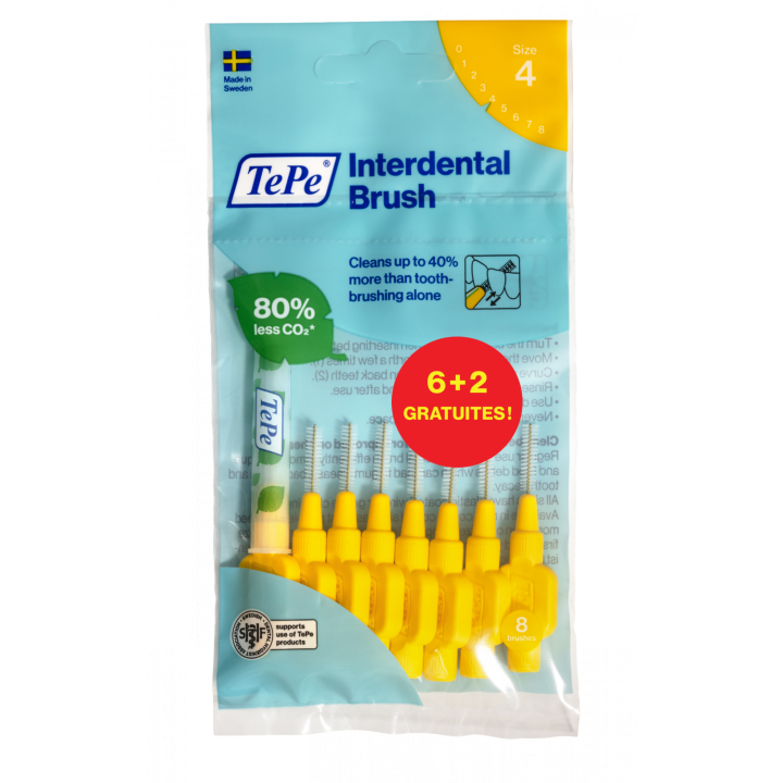 Brossettes interdentaires originales jaune taille 4 (0.7 mm) TePe - 6 brossettes + 2 gratuites