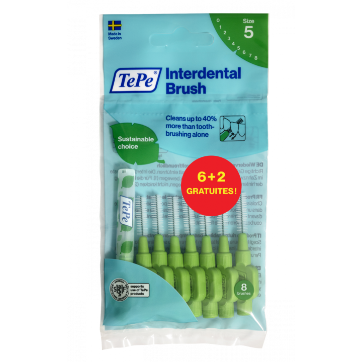 Brossettes interdentaires originales vert taille 5 (0.8mm) TePe - 6 brossettes + 2 gratuites