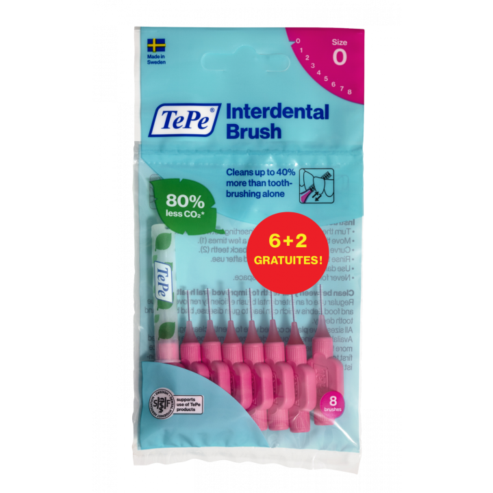 Brossettes interdentaires originales rose taille 0 (0.4 mm) TePe - 6 brossettes + 2 gratuites