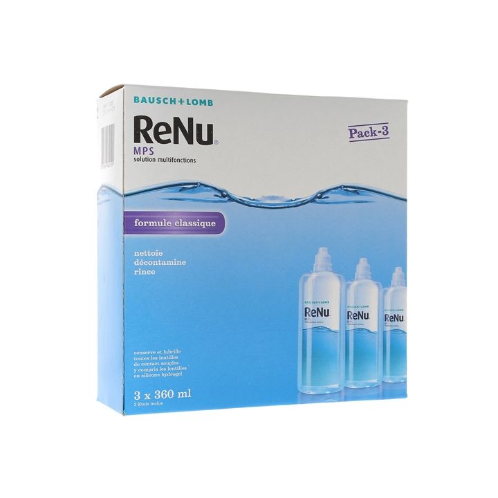 ReNu MPS Solution multifonctions formule classique Bausch Lomb - lot de 3 flacons de 360 ml + 3 étuis à lentilles