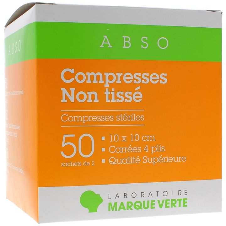 Compresses stériles non tissé Marque Verte - boîte de 50 sachets de 2 compresses de 10x10cm