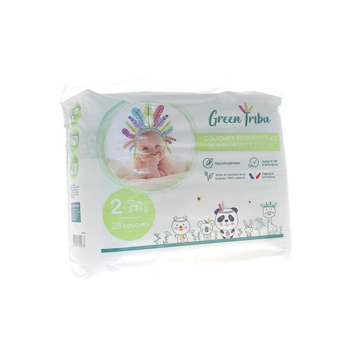 Couches écologiques taille 2 (3-6 kg) Green Tribu - paquet de 28 couches