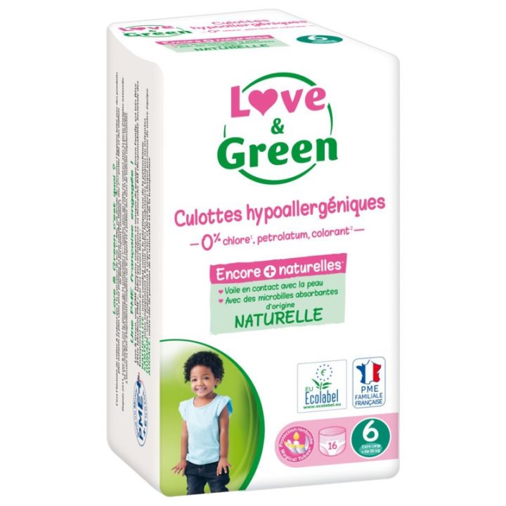 Culottes hypoallergéniques taille 6 (+ 16 kg) Love & Green - paquet de 16 culottes