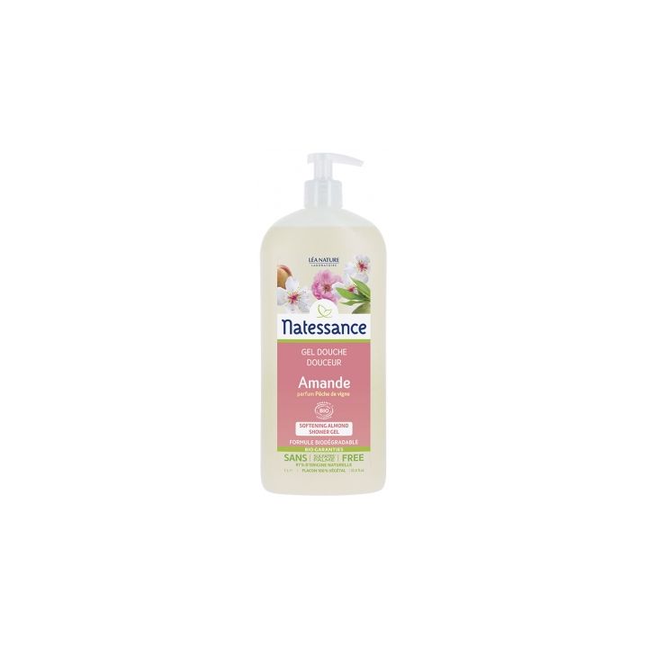 Gel douche amande parfum pêche de vigne Léa Nature Natessance - flacon-pompe de 1L
