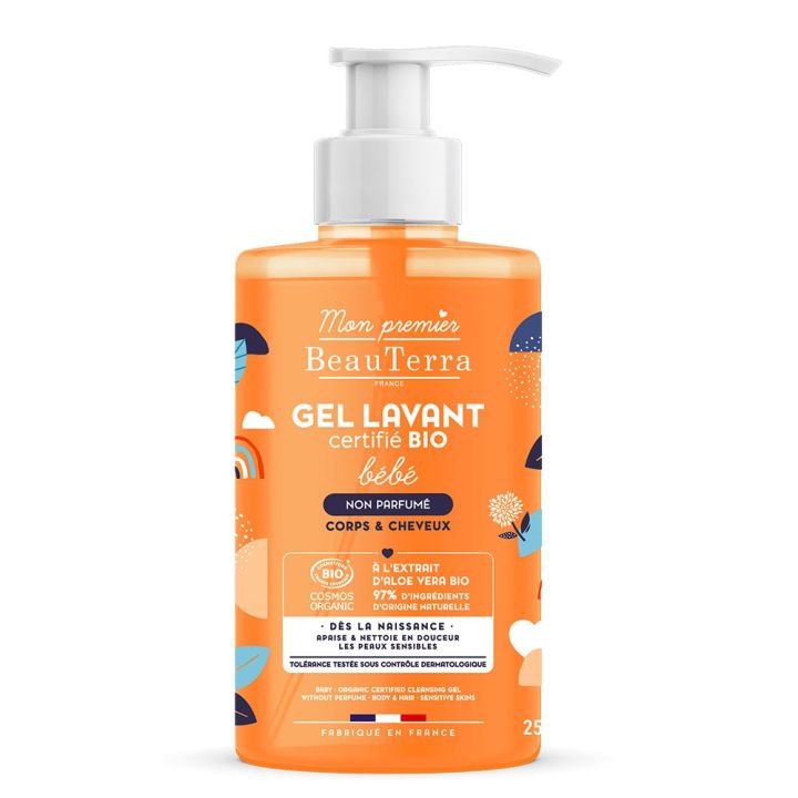Gel lavant bébé bio peaux sensibles corps et cheveux sans parfum Mon premier Beauterra - flacon-pompe de 750ml